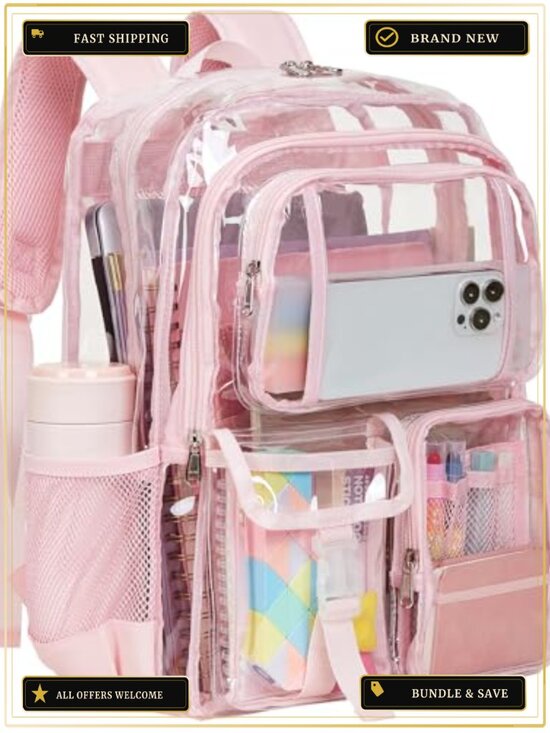 Clear Backpack for School/Work PVC Heavy Duty Large Multi-Pockets Reflective